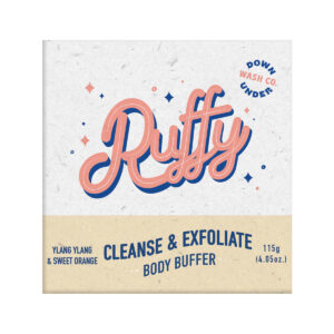 Downunder Wash Co Ruffy Cleanse Exfoliate Body Buffer Ylang Ylang Sweet Orange 115g_